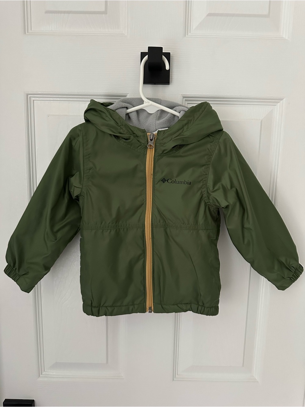 Columbia Kids Olive Hooded Rain Jacket with Yellow Zipper